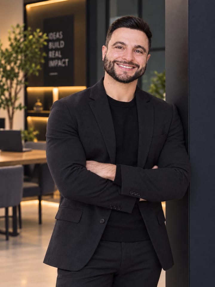 Luiz Hogrefe, smiling, arms crossed, in a dark blazer over a black knit top, leaning against a dark wall